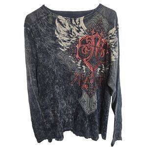 XZavier Mens Graphic T-Shirt Waffle Knit Fleur De Lis & Wing L Gothic Grunge Y2K